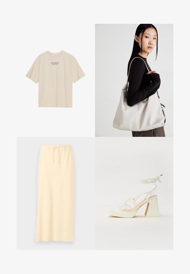 Beige színű, rövidujjú pamut póló kerek nyakkal, amelyen a "YELLOWSTONE" grafika található lila és kék színben, középen a mellrészen.; Világos sárga, hosszú szoknya lélegző anyagból, rugalmas derékkal, állítható zsinórral a tökéletes illeszkedésért. Sima textúra, minta nélkül.; Fehér, magassarkú szandál vastag sarokkal, pántos dizájnnal és bokapánttal. Sima textúra, elülső platformmal a megnövelt magasság érdekében.; Puha anyagból készült bézs kézitáska, laza dizájnnal, varrott részletekkel és két vállpánttal. Mindennapi használatra alkalmas.