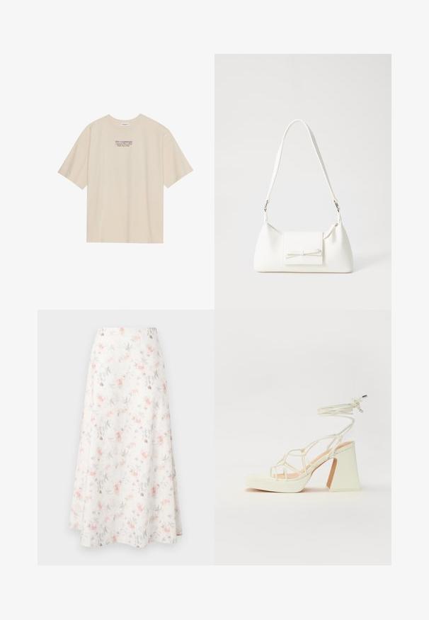 Beige katoenen T-shirt met korte mouwen en een ronde hals, met een 'YELLOWSTONE' grafiek in paars en blauw gecentreerd op de borst.; Floral midi rok van witte stof, met een aquarel patroon van roze en grijze bloemen, uitlopende design en een gladde textuur.; Witte hoge hakken sandaal met een chunky hak, met een bandjesontwerp en enkelband. Gladde textuur met een plateau voor extra hoogte.; Witte synthetische handtas met een driehoekige vorm, platte voorklep en strikdetail, verstelbare schouderriem, gladde textuur en minimalistisch ontwerp.