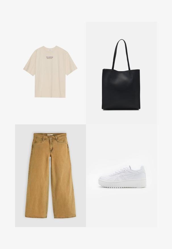 Bež majica od pamuka s kratkim rukavima i okruglim izrezom, s "YELLOWSTONE" grafikom u ljubičastoj i plavoj boji centriranom na prsima.; Široke smeđe traperice s visokim strukom, koje imaju prednje kopčanje na dugme, pet džepova i blago izblijedjeli izgled.; Bijele platformske tenisice s glatkom kožnom teksturom, perforiranim detaljima i ravnim vezicama; imaju debeli bijeli gumeni potplat.; Crna kožna torba za nošenje s glatkom teksturom, pravokutnim oblikom i dvije duge ručke. Nema vidljivih metalnih dijelova ili ukrasa.