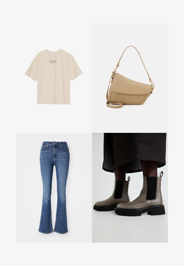 Beige bomulls t-skjorte med korte ermer og rund hals, med "YELLOWSTONE" grafikk i lilla og blått sentrert på brystet.; Høytlivs blå denimjeans med vide ben, fem lommers design og falmede detaljer på lårene og knærne.; Grå ankelstøvler laget av teksturert lær med elastiske sidepaneler og en kraftig svart såle. Har trekksløyfer for enkel påkledning.; Even&Odd Håndveske - beige