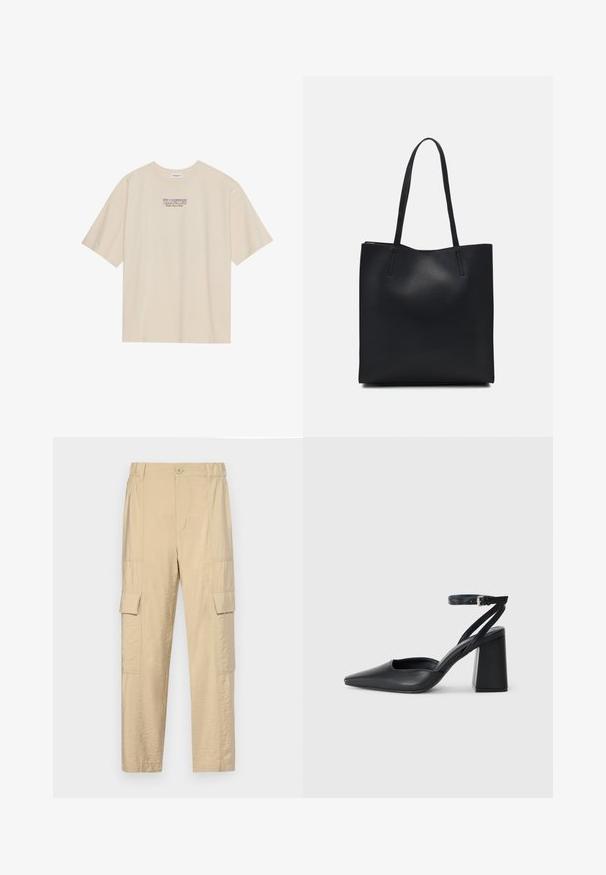 Béžové bavlnené tričko s krátkymi rukávmi a okrúhlym výstrihom, s grafickým nápisom "YELLOWSTONE" v purpurovej a modrej farbe umiestneným na hrudi.; Bežové cargo nohavice vyrobené z ľahkej, pokrčenej tkaniny, s vysokým pásom a dvoma bočnými vreckami s klopami na oboch nohách.; Čierne kožené lodičky s špicatou špičkou a členkovým remienkom, s masívnym podpätkom. Hladký povrch, elegantný dizajn a minimalistická estetika.; Čierna kožená taška na rameno s hladkým povrchom, obdĺžnikovým tvarom a dvoma dlhými uchami. Bez viditeľného kovania alebo ozdôb.