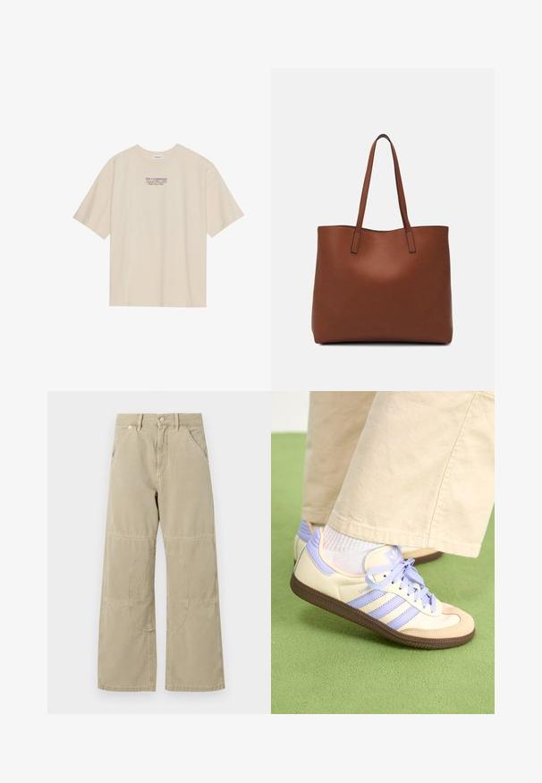 Beige színű, rövidujjú pamut póló kerek nyakkal, amelyen a "YELLOWSTONE" grafika található lila és kék színben, középen a mellrészen.; Beige egyenes lábú nadrág megerősített térdpanelekkel, elülső és hátsó zsebekkel, övhurkokkal és gombzárral a derékon.; Krém és levendula színű sportcipők három csíkkal és texturált barna talppal, fűzőkkel és párnázott sarokkal. Puha anyagú felsőrész.; Barna bőr vászontáska sima textúrával, nyitott tetejű dizájnnal és két vállpánttal. Minimális varrással és látható hardver nélkül készült.