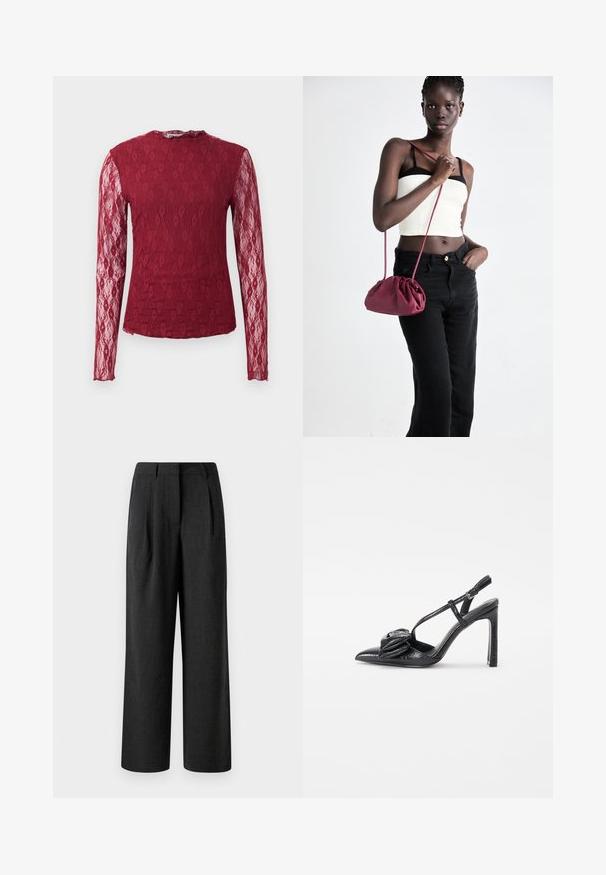Langermet burgunder bluse i blonder med gjennomsiktige ermer, blomsterdesign og rund hals på en ensfarget bakgrunn.; Svarte vide bukser laget av teksturert stoff, med frontfolder og skreddersydd midjebånd, designet for en løs passform.; Sorte høyhælte sko med spiss tå, glatt tekstur, tynne stropper og en dekorativ plissédetalj foran.; Burgunderfarget myk stoffhåndveske med en samlet design og en lang stropp, båret som en crossover. Modellen har på seg en hvit crop-top og svarte jeans.