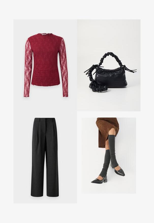 Elegant dlhý rukáv bordeaux čipkový top s priesvitnými rukávmi, kvetinovým vzorom a okrúhlym výstrihom na jednoduchom pozadí.; Čierne široké nohavice vyrobené z textúrovanej látky, s prednými záhybmi a prispôsobeným pásom, navrhnuté so voľným strihom.; Čierne lakované kožené topánky s špicatou špičkou, blokovým podpätkom a členkovým remienkom, ktoré sú kombinované so šedými rebrovanými legínami a hnedou zamšovou sukňou.; Čierna umelá kožená kabelka s kroko vzorom, sťahovaným vrchom a zhnutým popruhom. Vyzerá mäkko a kompaktné v dizajne.