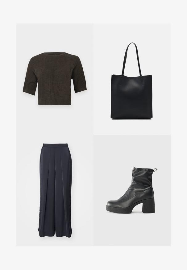 Καφέ ριγέ πλεκτό τοπ με κοντά μανίκια, στρογγυλή λαιμόκοψη και κοντό σχέδιο. Ο υφασμάτινος ιστός αναδεικνύει κατακόρυφες γραμμές σε όλη την επιφάνεια.; Μαύρο παντελόνι φαρδύς με πιέτες μπροστά, φτιαγμένο από μαλακό ύφασμα. Διαθέτει ελαστική μέση και καθαρό στρίφωμα.; Μαύρες μποτές μέχρι τον αστράγαλο από λείο δέρμα, με πλευρικό φερμουάρ, χοντρό υφασμάτινο τακούνι και στρογγυλή μύτη.; Μαύρη δερμάτινη τσάντα tote με λείο υφή, ορθογώνιο σχήμα και δύο μακριές λαβές. Χωρίς ορατό υλικό ή διακοσμητικά στοιχεία.