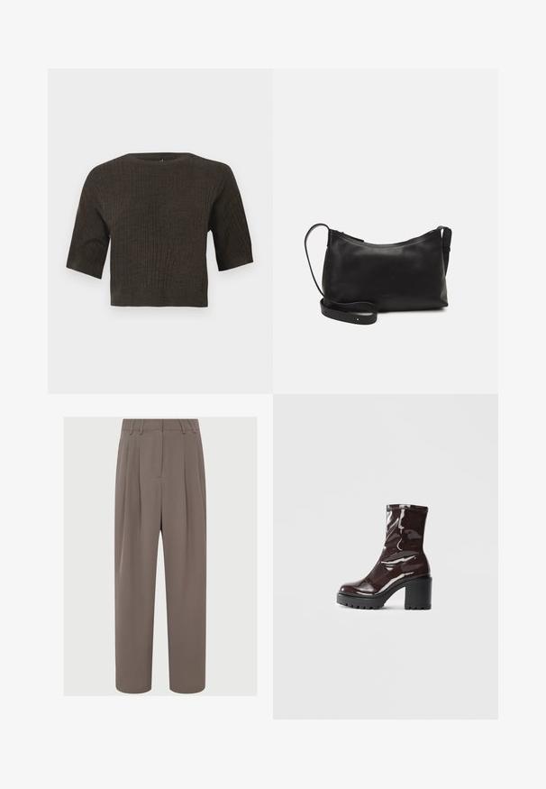 Top tricotat cu nervuri maronii, cu mâneci scurte, decolteu rotund și croială scurtă. Materialul texturat evidențiază liniile verticale din întreaga construcție.; Pantaloni cremuți cu talie înaltă, fabrică fină, design cu picioare largi și buzunare laterale, având o textură netedă și ușoară.; Botine lucioase burgundy, cu toc gros negru, având o textură netedă și un design simplu. Fără închideri sau modele vizibile.; Geantă de umăr din piele neagră, cu o textură netedă, formă curbată, curea ajustabilă și închidere cu fermoar. Design minimalist, fără embellishments.