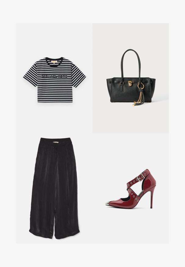Majica kratkih rukava, skraćena, crno-bijelih pruga sa "MICHAEL KORS" logotipom u kontrastnom vezu, okrugli izrez.; Crne hlače širokih nogavica izrađene od glatke satenske tkanine, s visokim strukom, prednjim naboraima i skraćenom dužinom s bočnim prorezima.; Crvena lakirana kožna cipela na visokom potplatu s izrezbarenim dizajnom, srebrnim okruglim rupicama i šiljastim vrhom, s metalnim naglaskom na vrhu.; Crna kožna torba s dvostrukim ručkama, zlatnom bravicom i lancem kao detaljem, te crno-bijelim resicom kao dodatkom, sve na bijeloj pozadini.