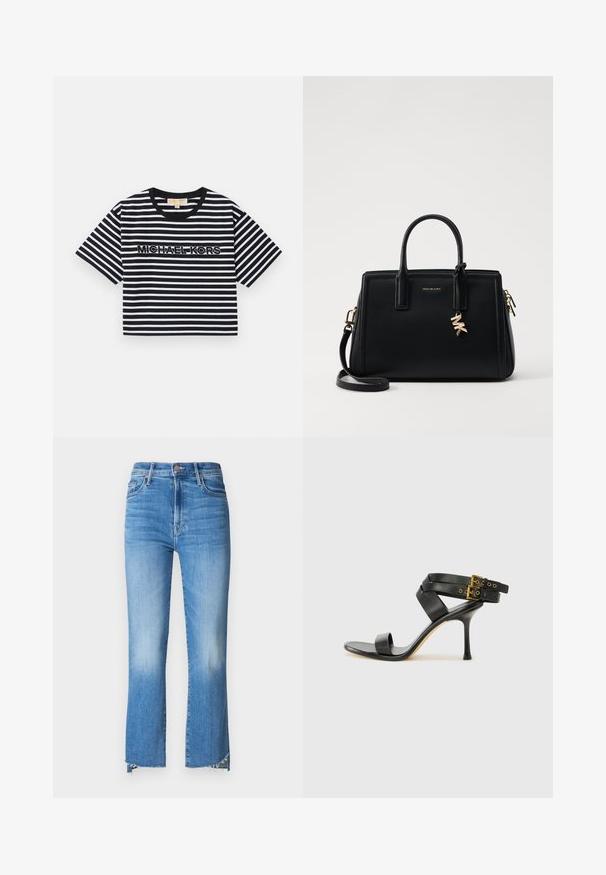 Tricou scurt, cu mânecă scurtă, croc cu dungi alb-negru, având logo-ul "MICHAEL KORS" brodat în contrast, cu guler rotund.; Mother THE INSIDER CROP STEP FRAY - Blugi bootcut - out of the blue; Sandalie negre cu toc, cu curele încrucișate și cataramă ajustabilă. Prezintă o textură netedă și un toc stiletto conic.; Geantă de mână din piele neagră cu un design structurat, mânere superioare duble, curea de umăr detasabilă, accesorii din aur și un pandantiv cu logo.