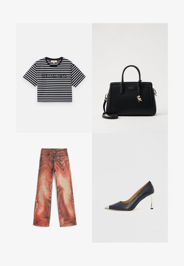 T-shirt short-sleeve, cropped in righe bianche e nere con il logo "MICHAEL KORS" in ricamo a contrasto, scollatura rotonda.; Jeans in denim con un audace motivo a spirale rosso e beige, design a gamba larga, tasche frontali e chiusura tradizionale con bottone e zip.; Scarpa con tacco alto in pelle blu navy con punta appuntita, caratterizzata da una copertura metallica argentata e un tacco a spillo argentato lucido.; Borsa a tracolla in pelle nera con design strutturato, manici superiori doppi, tracolla rimovibile, accessori in oro e charm con logo.