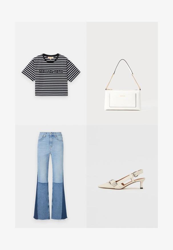 Short-sleeve, cropped T-shirt in black and white stripes featuring "MICHAEL KORS" logo in contrasting embroidery, round neckline.; Denim flared jeans featuring light and dark blue patchwork segments, a high waist, and frayed hems for added texture and detail.; White leather slingback shoe with a pointed toe, small heel, and adjustable strap featuring a prominent silver buckle detail.; White leather handbag with a textured finish, featuring a gold chain strap and black accents. Includes a front pocket and zipper closure.