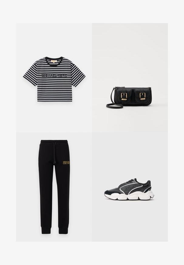 Juoda ir balta dryžuota trumpomis rankovėmis, trumpa T-marškinė su kontrastinga siuvinėta "MICHAEL KORS" logo, apvalia iškirpte.; Juodos sportinės kelnės pagamintos iš minkštos medžiagos, su elastingu juosmeniu ir raišteliu, bei geltonu siuvinėtu „VERSACE JEANS COUTURE“ logotipu.; Juodas ir tamsiai pilkas sportbačiai su balta masyve padais, odos ir velveto detalėmis, su raišteliais, eksponuojami prieš paprastą šviesią foną.; Juodas odinis per petį nešiojamas krepšys su dviem priekiniais kišenėmis, auksiniais sagtimis, užtrauktuko uždarymu ir siauromis petnešomis. Textūruota paviršius ir kompaktiškas stačiakampis formatas.