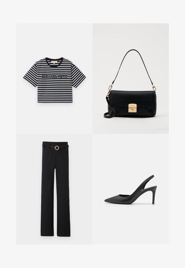Kratka majica s kratkimi rokavi, skrajšana, v črno-belem trakastem dizajnu, z logotipom "MICHAEL KORS" v kontrastnem vezenju, okrogla izreza.; Črne široke hlače iz teksturiranega blaga, z pasom, ki ga drži zlata okrogla sponka, in stranskimi žepi.; Črne usnjene slingback visokih petah s koničastim nosom, ki vključujejo izrez spredaj in tanko stilettoteko.; Črna usnjena torbica z ravno pravokotno obliko, zlatimi dodatki in zgornjo ročico. Ima sponko za zapiranje in značilno logotipno podrobnost.