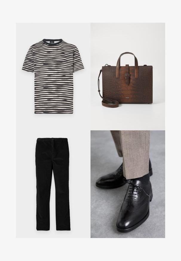 Maglietta a righe bianche e nere con scollo rotondo, maniche corte e texture morbida. Presenta strisce alternate spesse e sottili.; Pantaloni neri in velluto a gamba dritta con vita elastica e cordoncino anteriore, esposti su uno sfondo bianco uniforme.; Scarpe eleganti in pelle nera con dettagli brogue, caratterizzate da una punta affilata, design con lacci e superficie liscia; abbinate a pantaloni beige chiari.; Borsa in pelle marrone con stampa coccodrillo, dotata di manici superiori e tracolla removibile. Caratterizzata da una chiusura a fibbia e forma rettangolare.