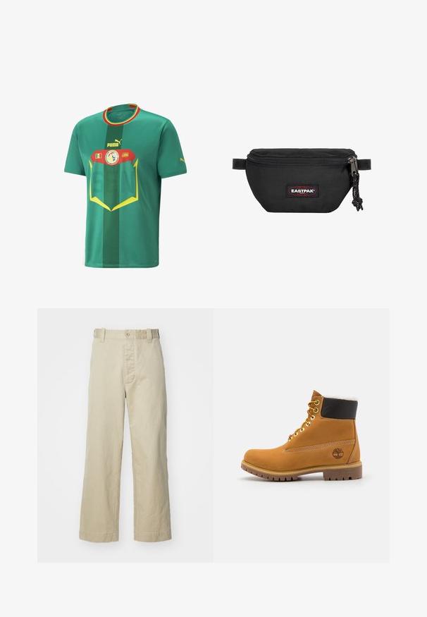 Groen kortmouw voetbalshirt gemaakt van ademend materiaal. Bevat horizontale strepen, gedurfde graphics, het Puma-logo en het nationale embleem.; Beige katoenen broeken met een rechte pijp ontwerp, voorzien van een sluiting met een knoop aan de voorkant en riemlussen; gladde textuur zonder patronen.; Bruine leren enkellaars met metalen oogjes, witte faux bont voering, zwarte gewatteerde kraag, robuuste zool en een reliëflogo aan de zijkant.; Zwarte heuptas gemaakt van duurzaam materiaal, met een ritsluiting, verstelbare schouderband en een rood-zwart logo-opdruk aan de voorkant.
