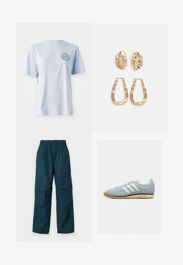 Camiseta de algodón azul claro de manga corta, con un logotipo gráfico circular en azul oscuro en la zona del pecho izquierdo.; Pantalones cargo en color verde azulado con una cinturilla elástica, dos bolsillos laterales y un corte holgado. Fabricados con material ligero, con detalles de costura.; Zapatilla de ante azul claro con tres rayas blancas, suela de goma y malla texturizada. Presenta una puntera lisa y un logotipo en el talón.; Pendientes en tono dorado que presentan formas texturizadas y onduladas. Incluyen aros de clip esculturales y un diseño de aro abierto con un acabado martillado.