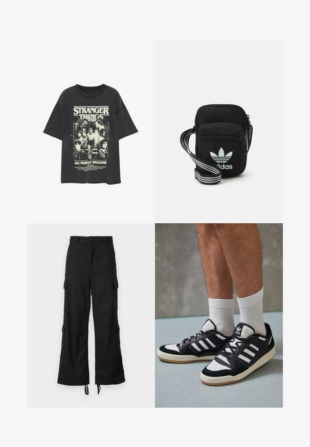 Temno siva oversize majica s grafičnim tiskom likov iz "Stranger Things" in besedilom "All Friends Welcome" v svetlo zeleni barvi.; Črne cargo hlače iz trpežne tkanine, ki imajo stranske žepe, gumbasto zapiranje, široko obliko nogavic in nastavljive vrvice na robu.; Črno-bele superge z zgornjim delom iz usnja in nubuka, ki imajo tri bele črte, perforiran vrh prstov in podplat iz gume.; Črna tkaninska torbica čez ramo z zadrgo, ki vsebuje belo Adidasovo logo in pridelano naramnico z več črtami za enostavno nošenje.