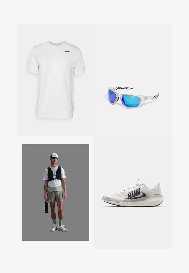Valkoinen lyhythihainen t-paita, joka on valmistettu sileästä kankaasta. Ominaisuuksina pyöreä kaula-aukko ja pieni musta Nike-logo vasemmassa rinnassa.; Urheilija valkoisessa verkkopaidassa, mustassa valjaassa, vaaleissa shortseissa, harmaissa sukissa ja valkoisissa kengissä, pitää mustaa vesipulloa.; Valkoiset juoksukengät, joissa on verkkokangasosa, suuri musta "RUN" -grafiikka, vaaleanharmaat yksityiskohdat ja pehmeä pohja, jossa on "AIR 200M" -brändäys.; Urheilulliset aurinkolasit, joissa on kirkkaat kehykset, siniset ja violetit peilipinnat, kulmikas muotoilu ja mustat yksityiskohdat temppeleissä.