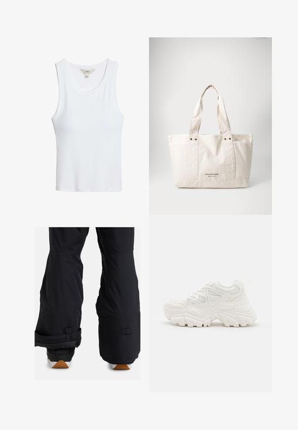 Top sin mangas blanco de canalé con escote redondo y etiqueta de M&S en el cuello, colocado plano sobre un fondo blanco.; Pantalones de nieve negros con una sección inferior acolchada, puños ajustables y un acabado mate elegante; adecuados para deportes de invierno.; Zapatillas deportivas blancas y gruesas con un upper texturizado, paneles de malla y suelas de goma gruesas con un patrón de relieve prominente. Incluyen cordones y una lengüeta.; Bolsa de lona en un color beige claro con dos asas resistentes, ribete blanco en contraste y el logo "THE NORTH FACE" en negro en la parte frontal.