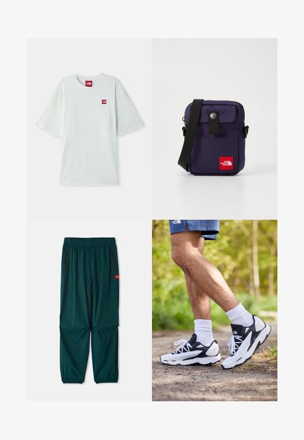 Lichtgroene T-shirt met korte mouwen van zachte katoen, voorzien van een klein rood logo label op de linker borst. Ontspannen pasvorm en ronde halslijn.; Buitenbroek in donker teal, met een elastische tailleband, twee ritszakken aan de zijkanten en elastische boorden bij de enkels. Lichtgewicht materiaal.; Zwart-witte sportschoenen met een mesh bovenkant, tekstuuraccenten en witte veters. Draag gedragen met witte enkelsokken en marineblauwe shorts op een pad.; Paarse nylon schoudertas met een voorflap, drukknopsluiting, verstelbare zwarte schouderriem en een rode logopatch aan de voorkant.