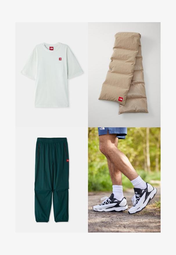 Lichtgroene T-shirt met korte mouwen van zachte katoen, voorzien van een klein rood logo label op de linker borst. Ontspannen pasvorm en ronde halslijn.; Buitenbroek in donker teal, met een elastische tailleband, twee ritszakken aan de zijkanten en elastische boorden bij de enkels. Lichtgewicht materiaal.; Zwart-witte sportschoenen met een mesh bovenkant, tekstuuraccenten en witte veters. Draag gedragen met witte enkelsokken en marineblauwe shorts op een pad.; Beige puffer sjaal met een getextureerde buitenkant, bestaat uit gewatteerde secties en heeft een rood logo label aan de onderrand.