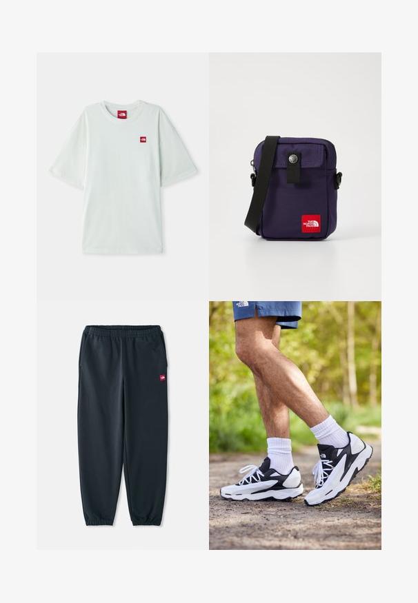 Gaiši zaļa īsām piedurknēm T-kreklu, izgatavotu no mīksta kokvilnas, ar mazu sarkanu logo etiķeti kreisajā krūtīs. Brīvs griezums un apaļa kakla izgriezums.; Melni sporta bikses, kas izgatavotas no gludas auduma, ar elastīgu jostasvietu, potīšu aprocēm un mazu sarkanu logo uzšuvumu sānos.; Melnbalti sporta apavi ar sietiņa augšdaļu, teksturētām akcentiem un baltām šņorēm. Valkāti ar baltām potīšu zeķēm un tumši ziliem šortiem uz ceļa.; Violeta neilona plecu soma ar priekšu cietu vāku, aizdari ar spiedpogu, regulējamu melnu siksnu un sarkanu logotipa plāksni priekšpusē.