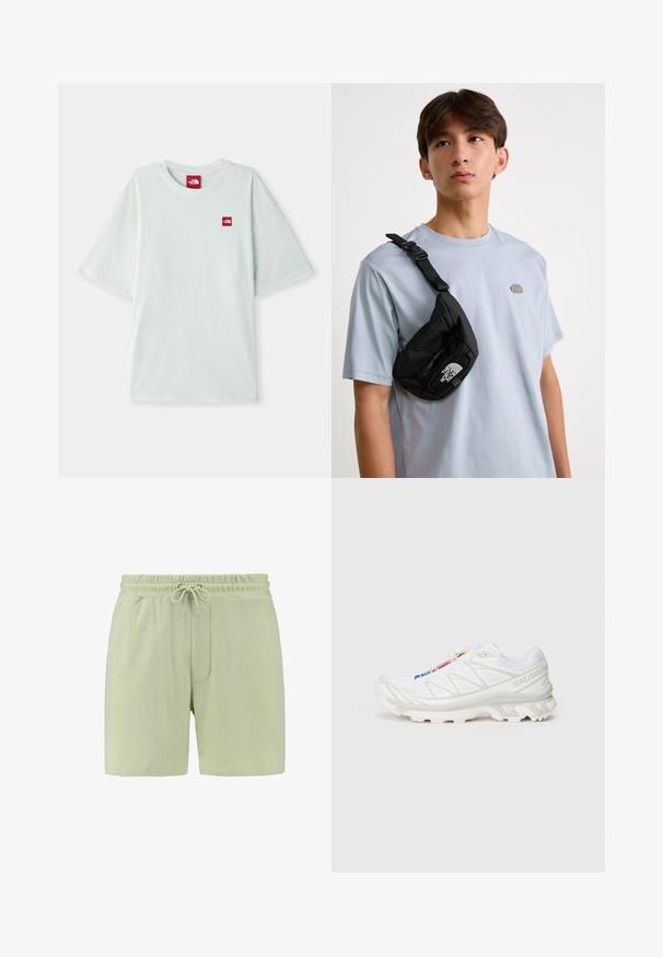 Svetlozeleni kratkotrajni majica z izvlečenimi rukavi, izdelana iz mehke bombažne tkanine, z majhno rdečo oznako na levem prsnem delu. Ohlapen kroj in okrogla izrez.; Svetlo zeleni šortsi iz mehkega blaga, z elastičnim pasom in vrvico, ter stransko žepom. Gladka tekstura, sproščen kroj.; Bela športna obutev z teksturiranim mrežastim zgornjim delom, odsevni detajli in oblazinjen podplat. Oznaka znanega blagovne znamke je vidna na strani.; Črn najlonov crossbody nahrbtnik z nastavljivim paščkom, ki ima vidno belo logotip. Nosi se čez svetlo modro majico. Preprost, funkcionalen dizajn.