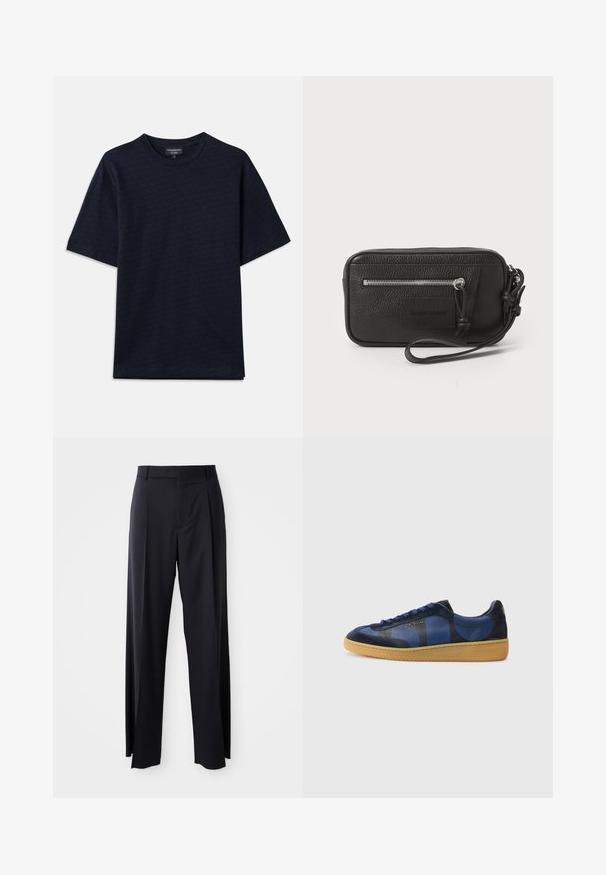 Ναυτικό μπλε T-shirt με υφή, στρογγυλή λαιμόκοψη και κοντά μανίκια. Λεπτό λογότυπο στο στήθος, κατασκευασμένο από μαλακό βαμβακερό ύφασμα.; Μαύρο παντελόνι ψηλόμεσο με φαρδιά γραμμή, κατασκευασμένο από απαλό ύφασμα. Διαθέτει πιέτες εμπρός και θηλιές ζώνης. Μινιμαλιστικός σχεδιασμός, χωρίς ορατά αξεσουάρ.; Ναυτικό μπλε αθλητικά παπούτσια με συνδυασμό σουέντ και δέρμα, που διαθέτουν κυκλικά σχέδια, μοβ κορδόνια και σόλα από καουτσούκ γάλακτος. Χρυσό λογότυπο μάρκας στο πλάι.; Μαύρη δερμάτινη τσάντα φάκελος με υφή, μπροστινή τσέπη με φερμουάρ και αποσπώμενη θηλιά στον καρπό. Διαθέτει λογότυπο μπροστά. Ορθογώνιο σχήμα.