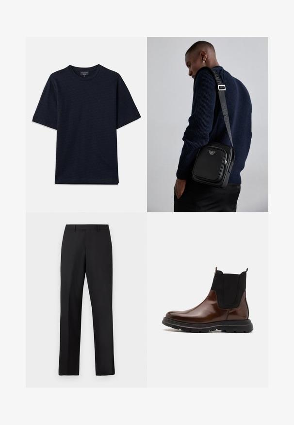 Dunkelblauses T-Shirt mit strukturiertem Muster, Rundhalsausschnitt und kurzen Ärmeln. Dezentem Logodetail auf der Brust, aus weichem Baumwollstoff.; Schwarze, gerade geschnittene Hose aus glattem Stoff. Verfügt über einen normalen Bund und keine sichtbaren Muster oder Akzente.; Braune Leder Chelsea-Stiefel mit schwarzen elastischen Seiteneinsätzen, runder Zehenkappe und schwarzer Gummisohle mit strukturiertem Profil.; Schwarze Leder-crossbody-Tasche mit einem Reißverschlussfach, Logo-Detail und einem verstellbaren, gebrandeten Gurt. Getragen zu einem strukturierten marineblauen Pullover.