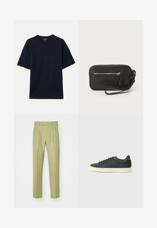 Tamno plava majica s teksturiranim uzorkom, okruglim izrezom i kratkim rukavima. Suptilan detalj loga na prsima, izrađena od mekog pamučnog materijala.; Hlače u svijetlozelenoj boji, napravljene od mekog materijala, s visokim strukom, dvostrukim nabranim detaljima i ravnim nogavicama s krojenim finišom.; Crna kožna tenisica s niskim profilom, zaobljenim prstima i vezanjem; ima teksturiranu gumenu potplatu i detalj s logotipom na peti.; Crna kožna torbica s teksturiranom površinom, prednjim zip džepom i odvojivom narukvicom. Ima oznaku s logom sprijeda. Pravokutni oblik.