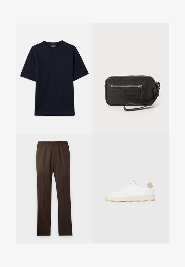 Námořnická modrá tričko s texturovaným vzorem, kulatým výstřihem a krátkými rukávy. Subtilní logo na hrudi, vyrobeno z měkké bavlněné látky.; Hnědé kalhoty rovného střihu s elastickým pasem a hladkou texturou látky; obsahují ostré sklady podél přední části.; Bílé nízké tenisky s texturovaným koženým svrškem, krémovou rýhovanou podrážkou a hnědým akcentem na patě. Mají bílé šňůrky a detaily loga na patě.; Černá kožená kabelka s texturovaným povrchem, přední kapsou na zip a odnímatelným zápěstním poutkem. Na přední straně se nachází logo. Obdélníkový tvar.