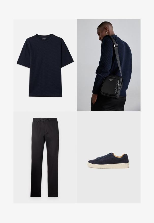 Marineblå t-skjorte med teksturert mønster, rund halslinje og korte ermer. Diskret logo på brystet, laget av myk bomull.; Sorte bukser med elastisk midjebånd og snor. Har en glatt tekstur og rett ben-design. Minimalistisk stil uten mønstre.; Marineblå semsket lav sneaker med rund tå, off-white gummisåle og matchende snørebånd; har en kontrasterende tan indvendig foring.; Svart lær crossbody-veske med en glidelåslomme, logo-detalj og justerbar rem med merke. Båret mot en teksturert marineblå genser.