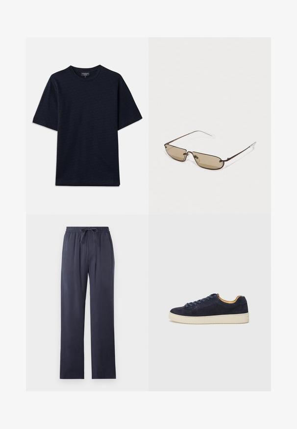 T-shirt azul-marinho com um padrão texturizado, gola redonda e mangas curtas. Detalhe do logótipo discreto no peito, fabricado em tecido de algodão macio.; Calças largas de cor azul-marinho, feitas de um tecido suave, com um cós elástico e cordão ajustável. Pernas cortadas em linha reta, sem bolsos.; Sapatilha de camurça azul-marinho de cano baixo com biqueira arredondada, sola de borracha off-white e atacadores a condizer; apresenta um forro interior contrastante em tom de tan.; Óculos de sol retangulares de metal castanho com lentes castanhas e pontas de temple transparentes e finas, apresentando um design minimalista e uma marca discreta.
