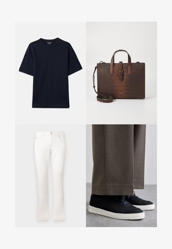 Tumesinine T-särk tekstuuriga mustriga, ümmarguse kaeluse ja lühikeste varrukatega. Rinnal diskreetne logo detail, valmistatud pehmest puuvillast kangast.; Valged teksad kitsas lõikega, valmistatud puuvillakangast. Omab viit taskut, metallist nööbiga sulgemist ja peent õmbluse detaili.; Mustad suleed sneakers valge kummist tallaga, ümarate varvaste ja paeltega, kantud hallide ülikonna pükste kõrval.; Pruun krokodillimustriga nahk käekott, millel on ülemised käepidemed ja eemaldatav õlavarrepant. Omab klambri sulgemist ja ristkülikukujulist vormi.