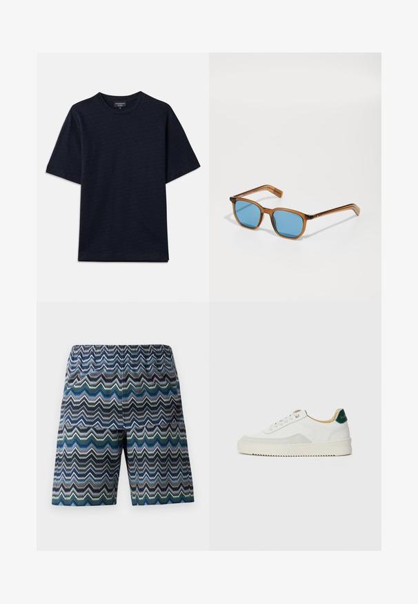 Navy blue T-shirt with a textured pattern, round neckline, and short sleeves. Subtle logo detail on the chest, made from soft cotton fabric.; men's shorts featuring a zigzag pattern in blue, green, and black. Elastic waistband, knee-length cut, and lightweight fabric.; White sneaker with suede accents, rounded toe, flat laces, and a cream rubber sole. Features green branding on the heel.; Brown plastic-frame sunglasses with blue lenses, square shape, thin arms, textured accents on the temples, and a polished finish.