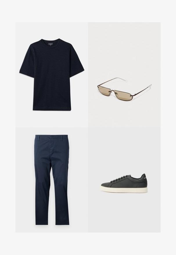 Marineblå t-skjorte med teksturert mønster, rund halslinje og korte ermer. Diskret logo på brystet, laget av myk bomull.; Marineblå bomullsbukser med rett snitt, med beltehemper og glidelås, glatt tekstur og ren finish ved kanten.; Svart skinnsneaker med lav profil, rund tå og snøring; har en teksturert gummisåle og logo-detalj på hælen.; Brune metalliske rektangulære solbriller med brune tette linser og tynne, klare tempeltipper, med et minimalistisk design og subtil merkevare.