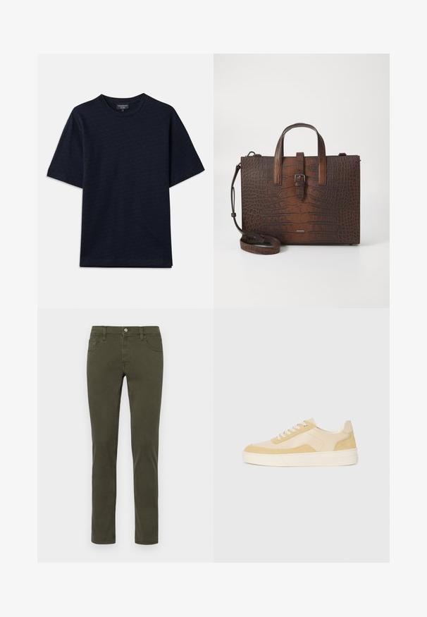 Temno modra majica s strukturiranim vzorcem, okroglo izrezanimi vratnimi odprtinami in kratkimi rokavi. Diskretna podrobnost logotipa na prsih, izdelana iz mehkega bombažnega blaga.; Olivno zeleni kavbojke s ozkim krojem, izdelane iz mehkega blaga, z zadrgo, sprednjimi žepi in subtilnimi šivi.; Tenisice v svetlo rumeni usnjeni in semiš varianti, z udobnim podplatom in šivi. Klasična zasnova z vezalkami in okroglo konico.; Brašna iz rjave krokodilne usnjene embalaže s zgornjimi ročaji in odstranljivim ramenskim trakom. Ima zapiranje z zaponko in pravokotno obliko.
