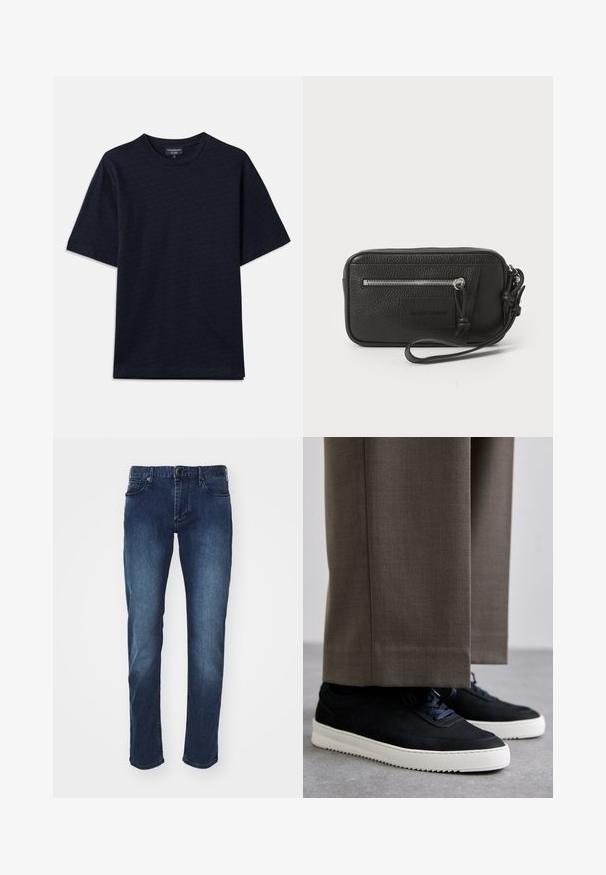 Tamsiai mėlyna marškinėliai su tekstūruotu raštu, apvaliu iškirpimu ir trumpomis rankovėmis. Diskretiškas logotipo detalė krūtinėje, pagaminti iš minkštos medvilnės audinio.; Tamsiai mėlynos džinsinės kelnės, su siauru siluetu, turinčios mygtukų užsegimą, penkis kišenes ir švelnų blukimą palei kojas.; Juodi zomšiniai sportbačiai su baltais guminiais padais, su apvalia nosimi ir raišteliais, dėvimi su pilkais pritaikytais kelnais.; Juodas odinis delninukas su tekstūruotu paviršiumi, priekinė užtrauktuko kišenė ir nuimama riešo juosta. Priekyje yra logotipo etiketas. Stačiakampio formos.