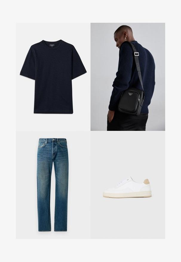 Námornícky modré tričko s textúrovaným vzorom, okrúhlym výstrihom a krátkymi rukávmi. Diskrétny detail loga na hrudi, vyrobené z jemnej bavlny.; Modré denimové džínsy so strihom rovného noha, s piatimi vreckami, jemným blednutím a kontrastnými vyšívanými detailami.; Biele nízke tenisky s textúrovaným koženým zvrškom, krémovou drážkovanou podrážkou a akcentom v hnedej farbe na podpätku. Majú biele šnúrky a detail loga na päte.; Čierna kožená kabelka cez telo s uzatvárateľnou priehradkou, detailom loga a nastaviteľným popruhom s nápisom značky. Nosená proti textúrovanej námorníckej svetri.