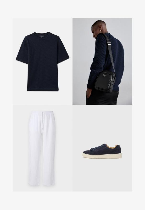 Tricou bleumarin cu un model textural, guler rotund și mâneci scurte. Detaliu logo subtil pe piept, realizat dintr-un material din bumbac moale.; Pantaloni din in alb, cu o croială lejeră, talie elastică și închidere cu șnur. Textură netedă și design cu picior drept. Fără modele sau accente.; Tenis navy din suede, cu vârful rotund, talpă din cauciuc off-white și șireturi asortate; are o căptușeală interioară contrastantă în nuanță de tan.; Geantă crossbody din piele neagră, cu un compartiment cu fermoar, detaliu cu logo și o curea ajustabilă cu marcă. Pură împotriva unui pulover texturat de culoare bleumarin.