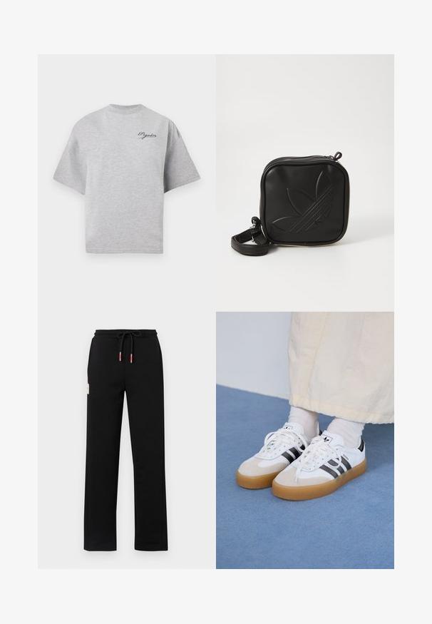 Graues, übergroßes T-Shirt aus Baumwolle, mit Rundhalsausschnitt, kurzen Ärmeln und einem marineblauen Logo auf der oberen linken Seite.; Schwarze Sweatpants mit einem Kordelzugbund, ausgestattet mit roten und weißen Akzenten, seitlichen Taschen und einem kleinen Etikett auf der Vorderseite. Glatte Textur.; Weiße Sneaker mit schwarzen Streifen und beigen Wildlederakzenten. Besitzen eine strukturierte Gummisohle und flache weiße Schnürsenkel, getragen mit hellen Socken.; Schwarze Umhängetasche aus strukturiertem synthetischem Material. Verfügt über ein eingeprägtes Logodesign und einen verstellbaren Riemen. Mit Reißverschluss geschlossen.