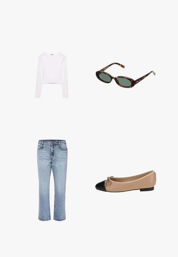 Bijela dugačak rukav crop top izrađen od mekog materijala. Ima okrugli izrez i jednostavan, elegantan dizajn bez ikakvih uzoraka ili ukrasa.; Svijetloplave traperice ravnog kroja s izdrnjenim rubom. Imaju pet džepova i kontrastno šivanje. Klasično kopčanje na gumb i zatvarač.; Baletna cipela u bež koži s crnim vrhom. Ima detalj s mašnom sprijeda i glatku teksturu. Nizak profil s gumenim potplatom.; Sunčane naočale u boji kornjače s ovalnim okvirom i zelenim staklima. Imaju tanke ručke s metalnim detaljem blizu šarki.