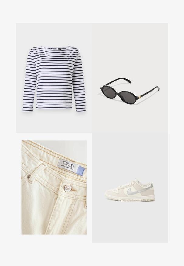 Gestreepte lange mouwen top in wit en marineblauw, met een bootnek en een ontspannen pasvorm. Gemaakt van zacht katoen met gestikte zomen.; Brede, hoogstaande jeans gemaakt van zachte, gebroken-witte stof. Heeft gestikte naden en een metalen knoop met merkdetail en label.; Lage sneakers in off-white leer en suède, met een zilveren Swoosh-logo, geperforeerde neus en een gegooid rubberen zool.; Zwarte ovale zonnebril met donkere lenzen, glanzend plastic montuur en gouden accenten op de tempels.; Zwarte leren handtas met gestructureerd ontwerp, dubbele handvatten aan de bovenkant en een afneembare schouderband. Bevat een textuur en metalen accenten.