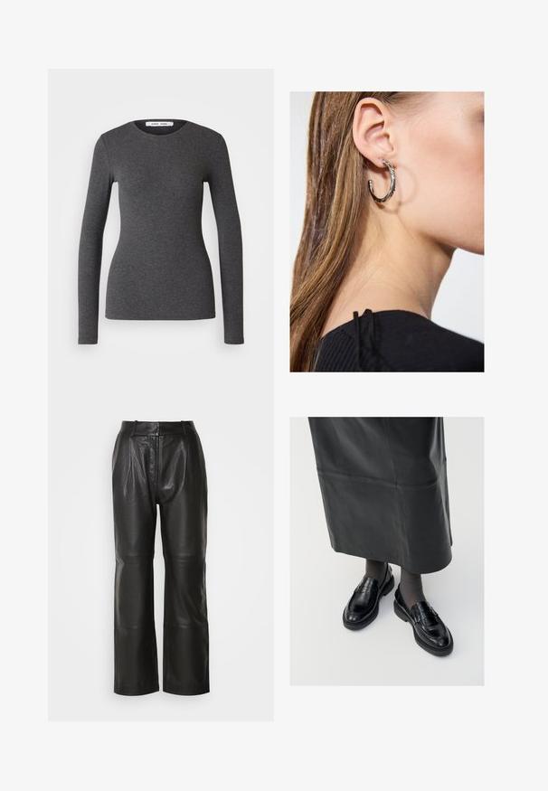 Langærmet top med rund hals i mørkegrå, fremstillet af ribbet stof med en tætsiddende pasform, der har en glat overflade og minimal detaljer.; Sorte læder bukser med vidde i benene og en glat tekstur, der har høj talje, forknepleater og synlige sømme. Ingen lommer eller udsmykninger.; Sorte læder loafers med en glat finish, prydet med en dekorativ rem, rund tå og tekstureret sål. Båret med en lang sort læderskirt.; Sølv hoop ørestik med en poleret overflade, prydet med små guld accenter og en rund form, båret på øreflippen.