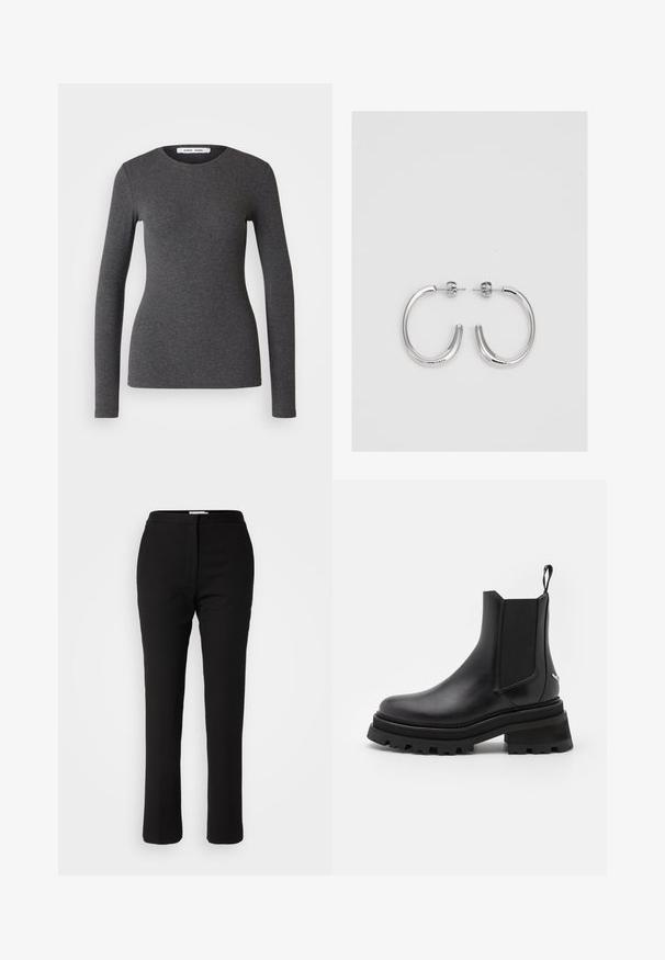 Long-sleeved, round-necked top in dark gray, made from ribbed fabric with a fitted design, featuring a smooth texture and minimal detailing.; Black tailored pants with a straight leg design, made from a smooth fabric. Features a flat front and standard waistband. No pockets.; Black leather Chelsea boot with elastic side panels, round toe, chunky rubber sole, and pull tab at the heel. Textured and smooth surfaces.; Silver hoop earrings with a smooth, shiny finish. Rounded shape, lightweight design, featuring a post-back closure.