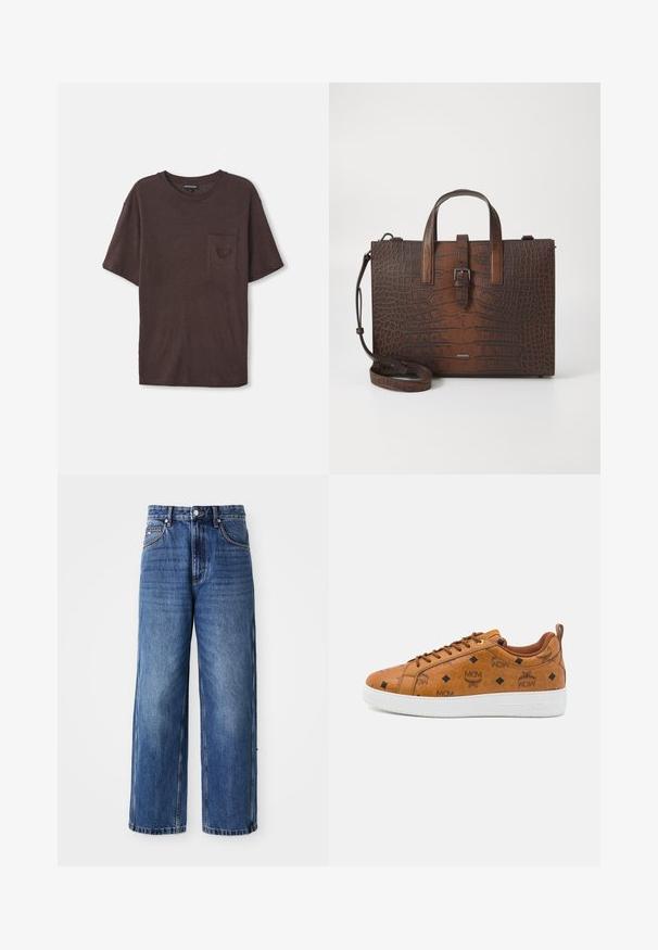 Hnedé tričko s krátkym rukávom z mäkkej, štruktúrovanej tkaniny, s malou vreckom na ľavej strane a okrúhlym výstrihom.; Modré jeans s širokými nohavicami a vysokým pásom, viditeľným šitím, predným zapínaním na gombík a voľným strihom, s vyblednutým umývaním a bočnými vreckami.; Hnedé kožené tenisky s vystúpeným logom MCM, diamantovým vzorom, bielou gumovou podrážkou a kontrastnými hnedými šnúrkami.; Hnedá kabelka z kože s embosovaným vzorom krokodíla, vybavená hornými držadlami a odnímateľným ramenným popruhom. Má prackové zapínanie a obdĺžnikový tvar.
