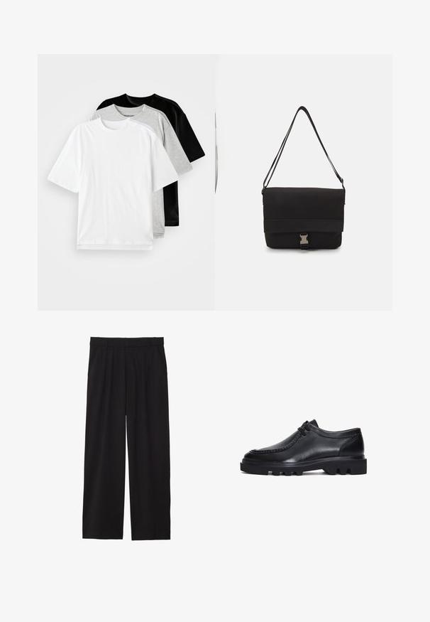 Three short-sleeve T-shirts in white, gray, and black. Each has a classic crew neckline and a smooth, cotton-like texture.; Black wide-leg trousers with a pleated front, side pockets, and a smooth fabric texture. Designed for a relaxed fit.; Black leather shoes with a rounded toe, stitched detailing, and a thick, rugged sole featuring distinctive grooves. Plain lace-up design.; Black messenger bag made of smooth material, featuring a fold-over flap, silver clasp hardware, and an adjustable shoulder strap.