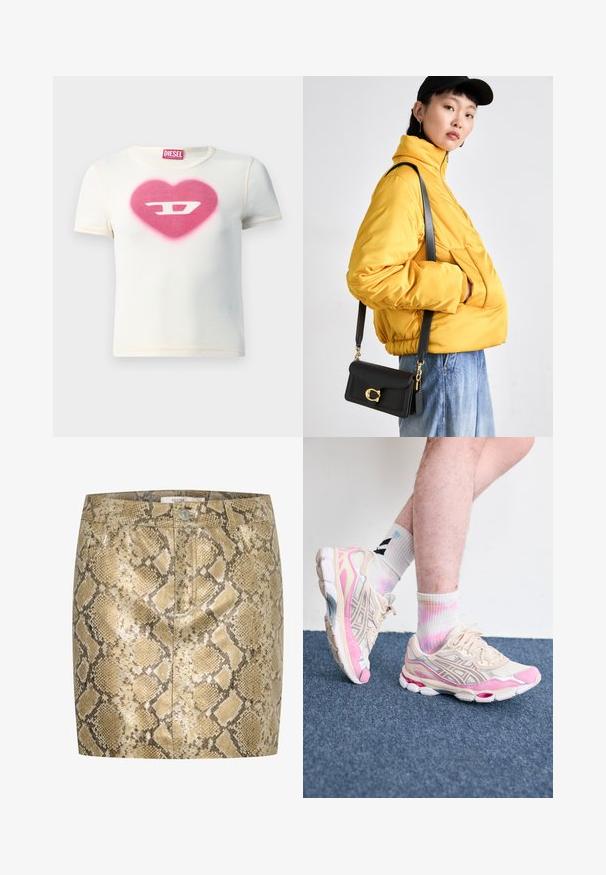 Bílý krátký rukáv tričko s designem růžového srdce a písmenem "D" uprostřed, vyrobené z žebrované tkaniny s kontrastními švy.; Mini sukni s hadím vzorem a metalickým leskem v odstínech zlata a béžové. Má zapínání na knoflíky a přední kapsy. Texturovaný povrch.; Beige a růžové sportovní tenisky se stříbrnými akcenty, síťovanými vrstvami a robustní podrážkou. Na nohou jsou barevné, batikované ponožky.; Žlutá vyteplená bunda s vysokým límcem a přední kapsou, doplněná černou kabelkou přes rameno se zlatými detaily. K tomu casual džíny.