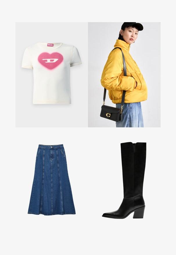 T-shirt bianco a maniche corte con un design a cuore rosa al centro con la lettera "D", realizzato in tessuto a costine con cuciture a contrasto.; Lunga gonna in denim blu con bottoni frontali, tasche laterali e dettagli a cucitura verticale, che si allarga leggermente verso l'orlo.; Stivali neri al ginocchio in pelle liscia, con punta appuntita, tacco a blocco e un'apertura a forma di V nella parte superiore.; Giacca gialla imbottita con colletto alto e tasca anteriore, abbinata a una borsa a tracolla nera con dettagli in oro. Pantaloni in denim casual.