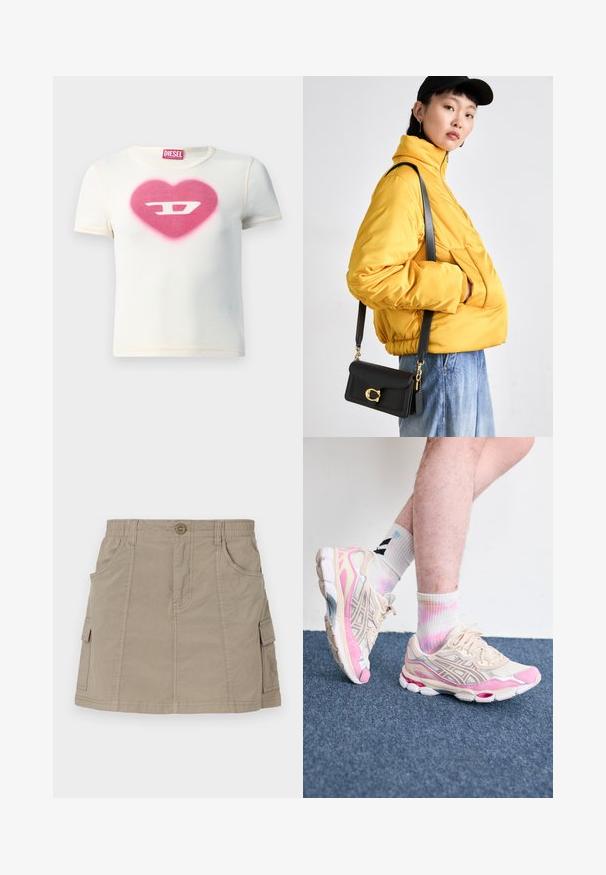 Bela kratka majica s kratkimi rokavi, ki ima rožnato srce z napisano črko "D" na sredini, izdelana iz rebraste tkanine z kontrastnimi šivi.; Khaki cargo krilo z pasom, sprednjimi žepi in stranskimi cargo žepi. Narejeno iz lahkega materiala z gladko teksturo.; Bež in roza športni copati s srebrnimi detajli, mrežnimi prekrivali in debelim podplatom. Obuti s pisanimi, tie-dye nogavicami.; Rumena oblazinjena jakna z visokim ovratnikom in sprednjim žepom, v kombinaciji s črno torbico čez ramo z zlatimi dodatki. Priložnostni denim hlače.