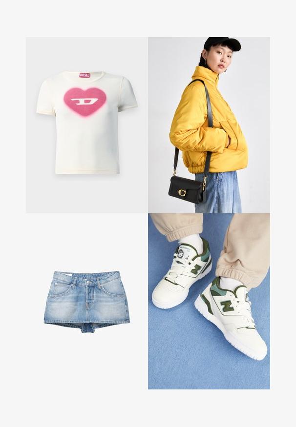 Weißes Kurzarm-T-Shirt mit einem rosa Herzdesign, in dessen Mitte der Buchstabe „D“ platziert ist. Hergestellt aus gerippter Baumwolle mit kontrastierenden Nähten.; Jeansshorts in Hellblau mit ausgewaschenem Finish. Mit fünf Taschen und einem Knopfverschluss vorne. Klassischer Schnitt mit geradem Saum.; Weiße Sneakers mit grünen Akzenten, Obermaterial aus strukturiertem Leder, perforierte Zehenpartie und dicke weiße Sohle. Mit New Balance-Logo auf der Zunge.; Gelbe gepolsterte Jacke mit hohem Kragen und Fronttasche, kombiniert mit einer schwarzen Umhängetasche mit goldenen Beschlägen. Lässige Denim-Hosen.